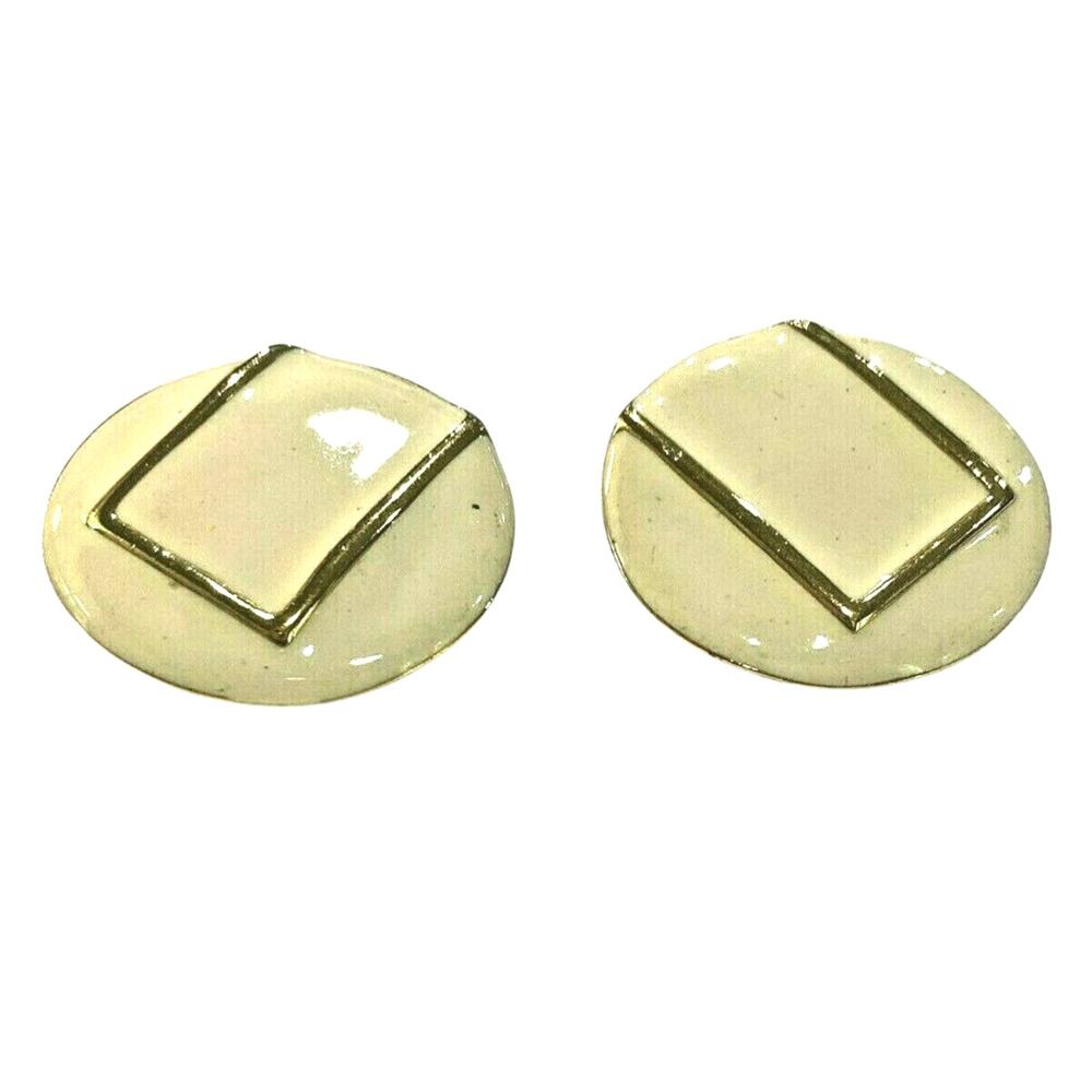 Vintage Monet Clip On Earrings Creamy White Enamel & Gold Tone Mod Oval Shape
